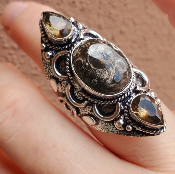 New Turtella Agate Fossil and Smoky Quartz 925 Silver Statement Ring. - Picture 5 of 16